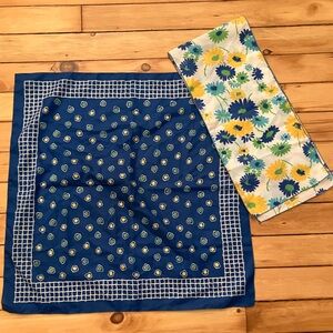 Vintage silk scarf PAIR Rectangle & Large square Cobalt blue Yellow Green